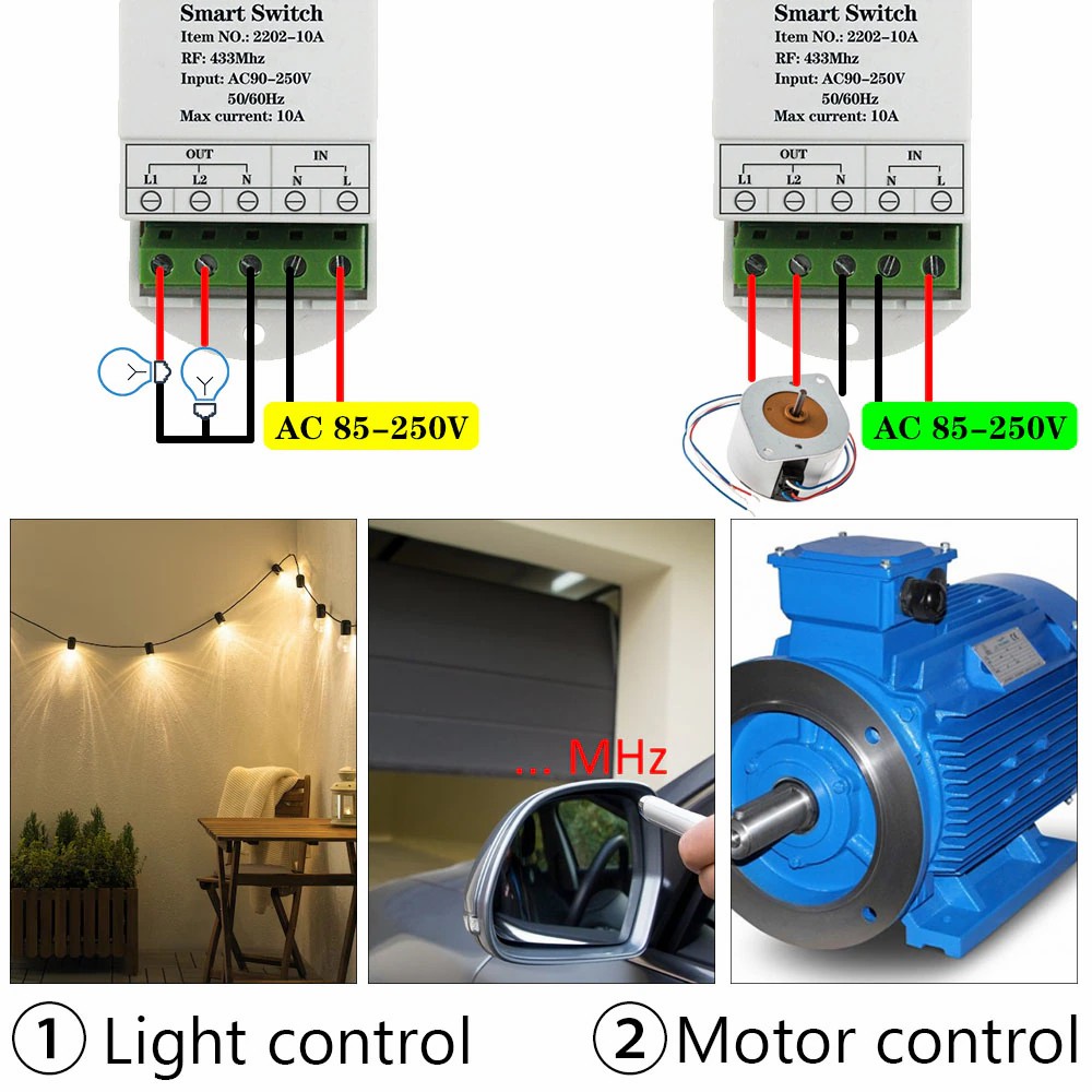 433MHz Rf Universal Remote Control 10A Relay Controller AC 220V 2CH Receiver and Transmitter for AC Motor Light Garage Gate Door