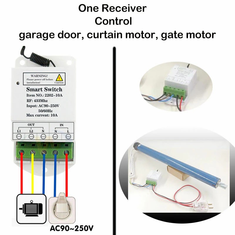 433MHz Rf Universal Remote Control 10A Relay Controller AC 220V 2CH Receiver and Transmitter for AC Motor Light Garage Gate Door