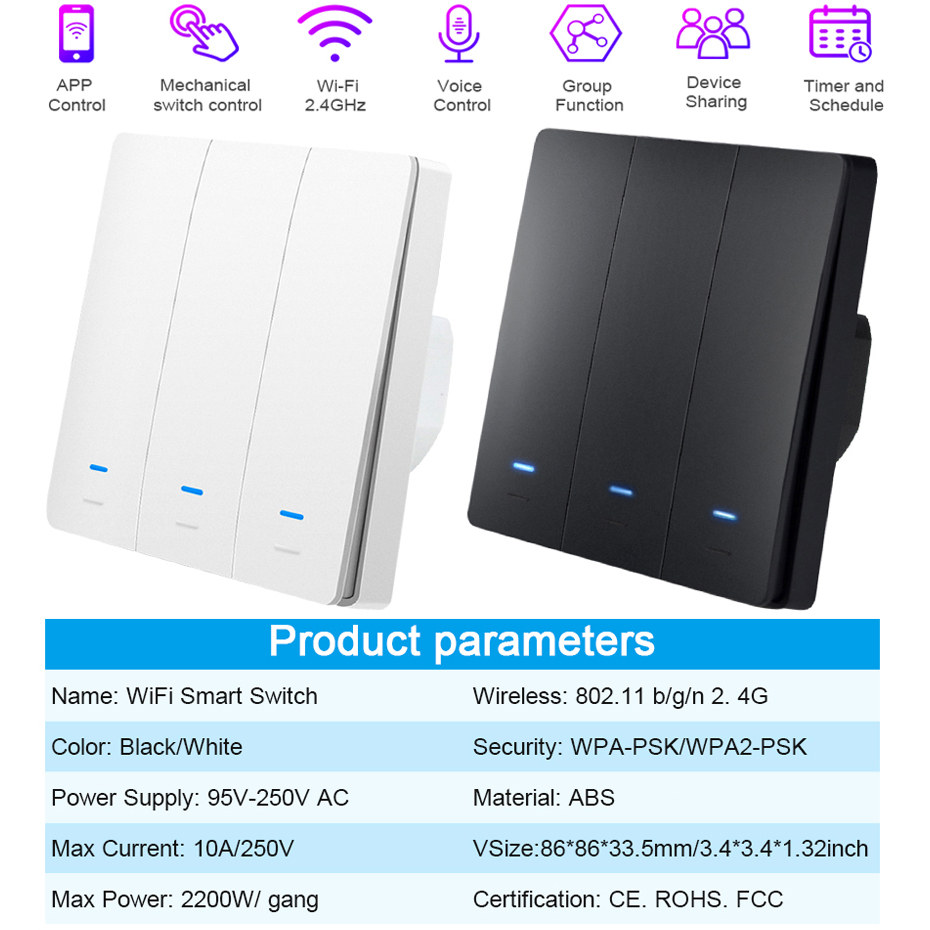 Tuya APP Three-way 10A WiFi smart rocker key switch smart WiFi wall key switch