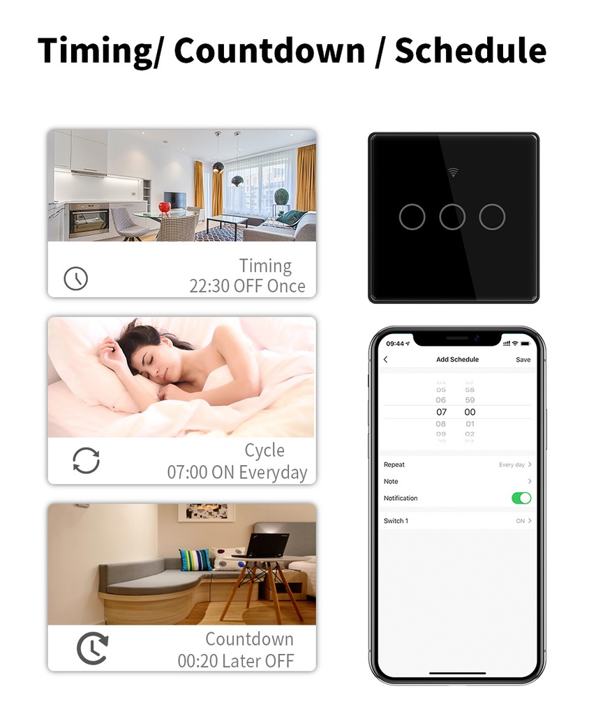 Tuya WiFi Wall Touch Switch ,RF 433MHz,Tempered Crystal Glass Panel,3 Way Support Alexa Light Switch