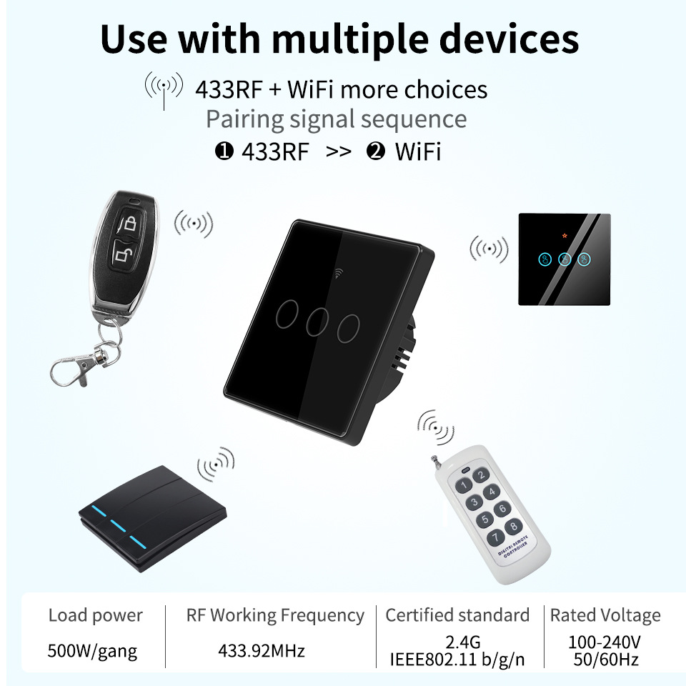 Tuya WiFi Wall Touch Switch ,RF 433MHz,Tempered Crystal Glass Panel,3 Way Support Alexa Light Switch