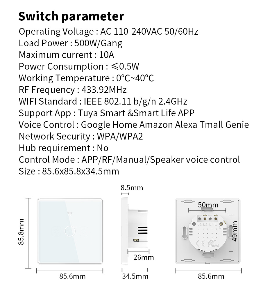 Tuya WiFi Wall Touch Switch ,RF 433MHz,Tempered Crystal Glass Panel,3 Way Support Alexa Light Switch