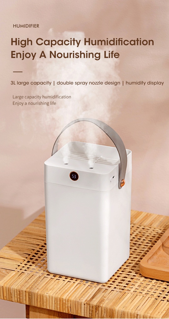 Air Humidifier Dual Spray Digital Display 3L Home Mute Diffuser Humidifier Usb Aromatherapy Office Bedroom Spray Atomizer