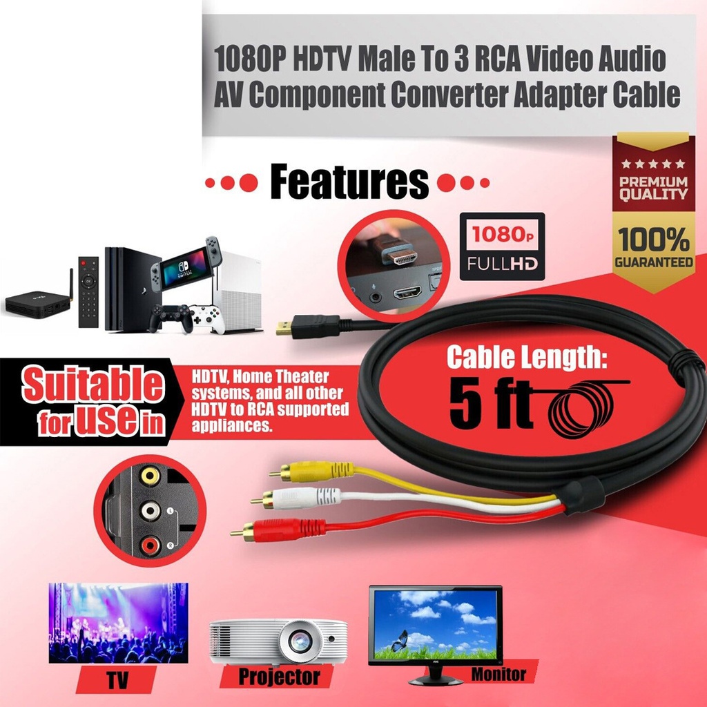HDTV to 3RCA lotus cable HDTV to AV cable HDTV to AV adapter cable AV composite video cable 1.5 meters