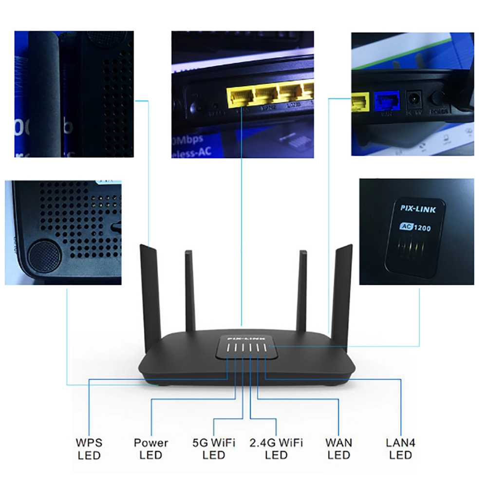 PIXLINK AC1200 Wifi Router Gigabit 2.4G 5.0GHz Dual-Band 1200Mbps Wireless Router Wifi RPT With 4 High Gain Antennas