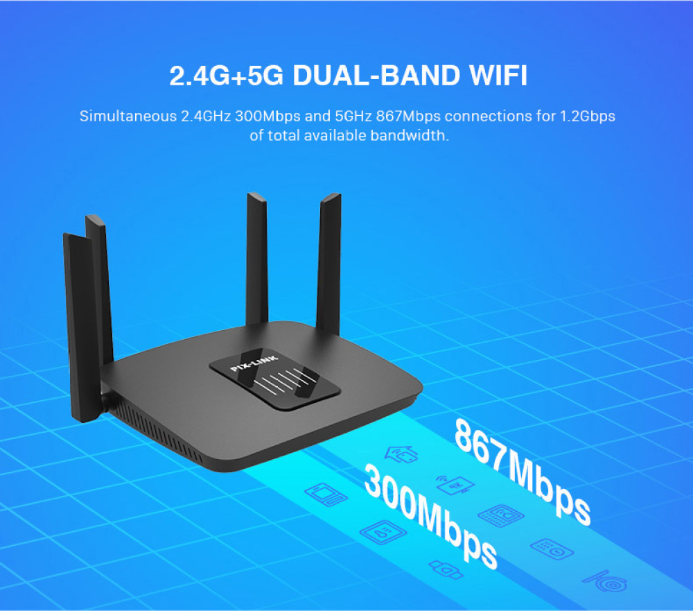 PIXLINK AC1200 Wifi Router Gigabit 2.4G 5.0GHz Dual-Band 1200Mbps Wireless Router Wifi RPT With 4 High Gain Antennas