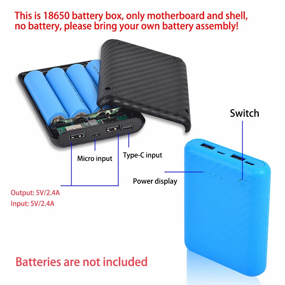 DIY Power Bank Charger Shell Charging Case Mini Solderless Power Supply Housing 3.7V 4 Slots 18650 Battery Box Case (without battery)