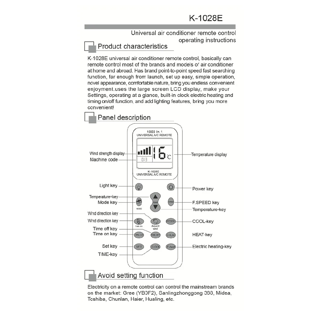1000 in 1 Universal air conditioner remote control K-1028E global model one-click setting