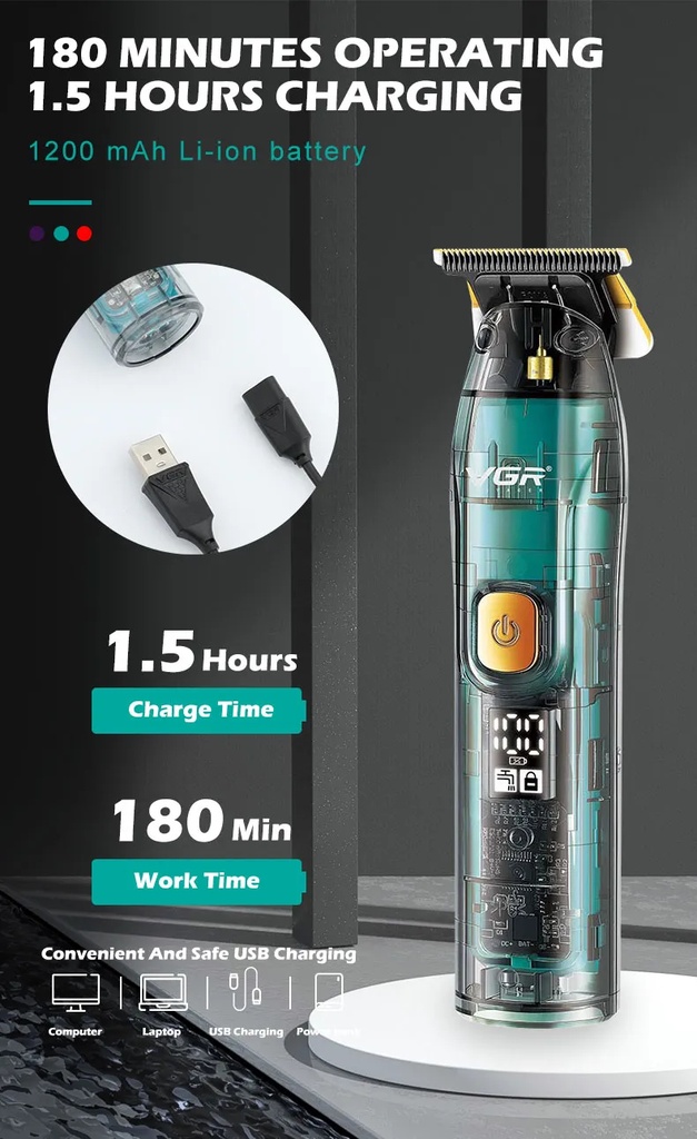 Vgr961 Transparent Ipx7 Waterproof Hair Clipper Professional Barber Beard Trimmer Rechargeable Wireless Men's Hair Trimmer