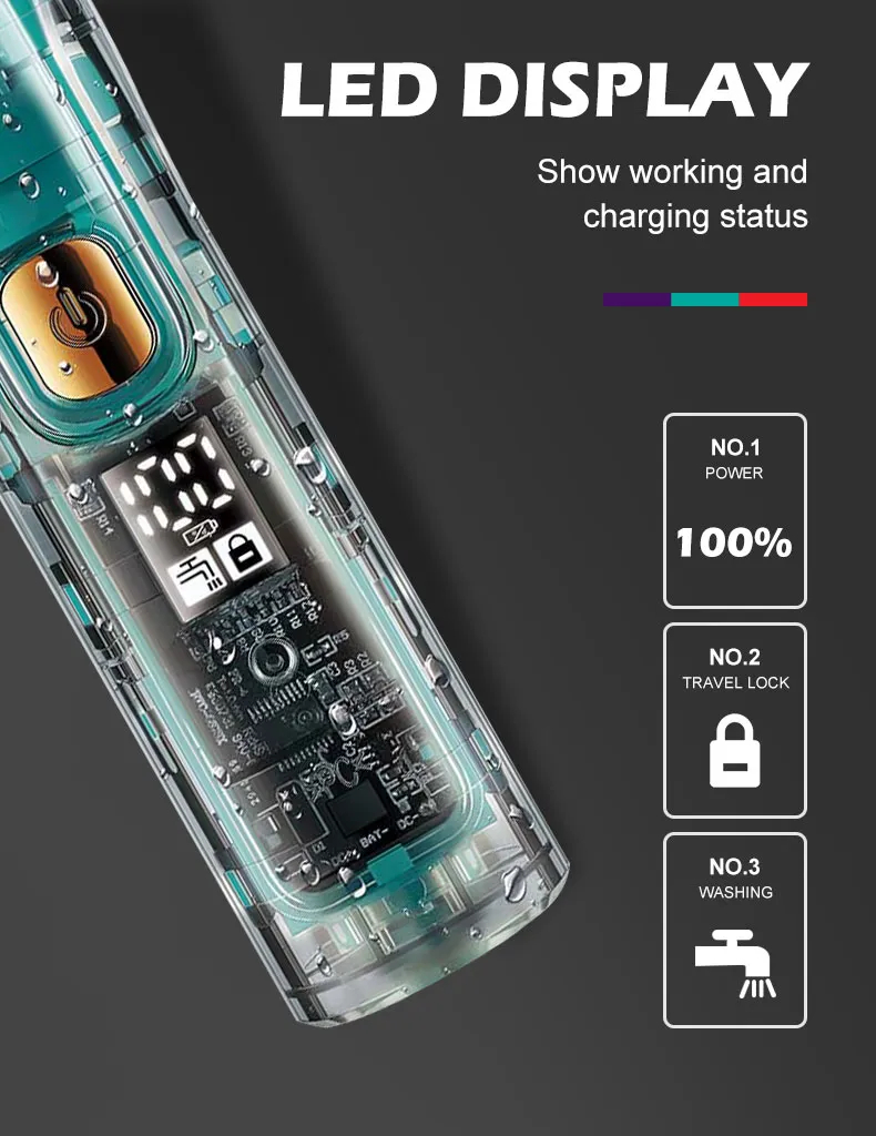 Vgr961 Transparent Ipx7 Waterproof Hair Clipper Professional Barber Beard Trimmer Rechargeable Wireless Men's Hair Trimmer