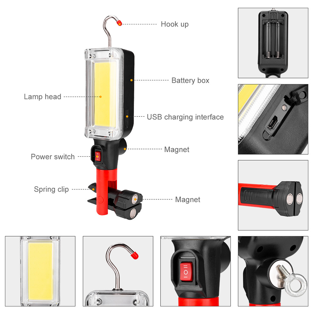 Portable Led Work Light with 18650 battery 700lm Waterproof USB Rechargeable Cob Flashlight Lantern With Hook