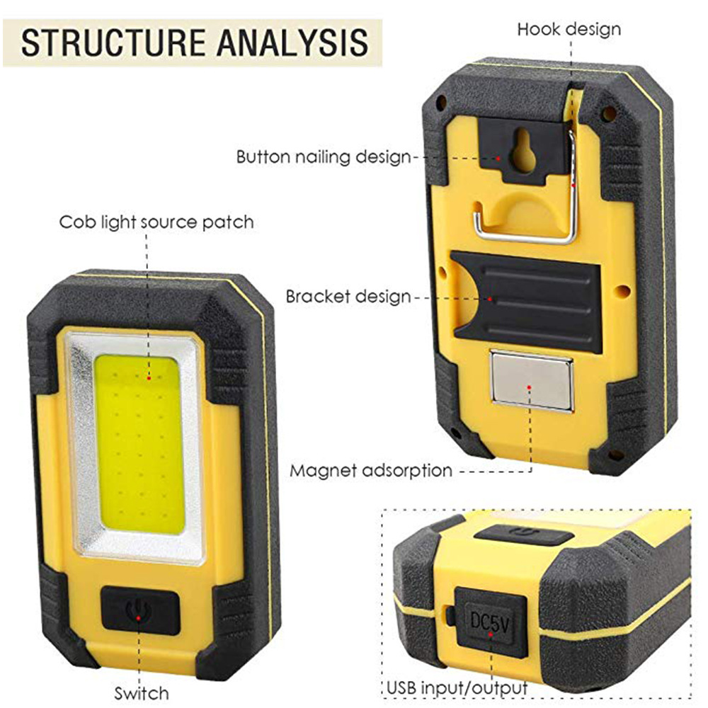 Y36 LED Work Light with Magnet USB Rechargeable Portable Camping Lights COB Hook Auto Repair Lamp Power Bank Flashlight
