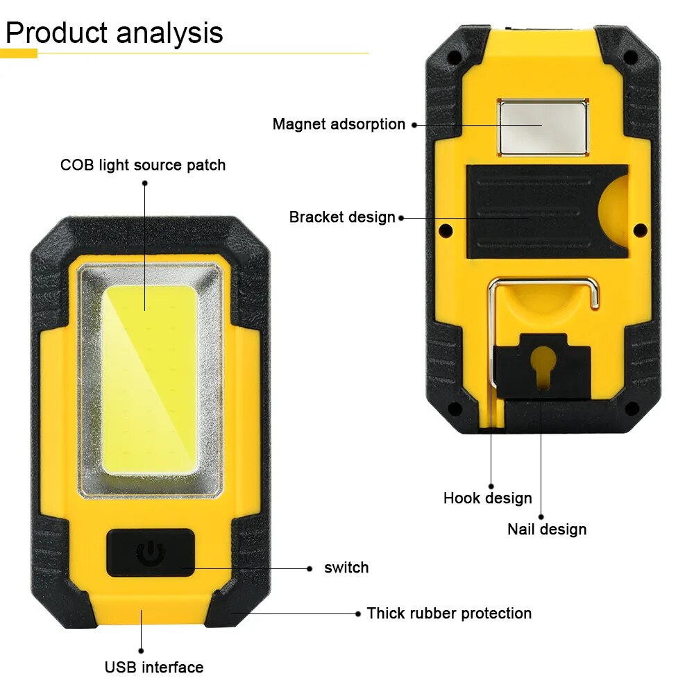 Y36 LED Work Light with Magnet USB Rechargeable Portable Camping Lights COB Hook Auto Repair Lamp Power Bank Flashlight