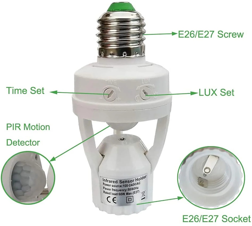360 Degrees PIR Human Induction Motion Sensor Night Lamp Socket Base Lamp Holder E27 AC 100V-220V Delay Time Adjustable Switch