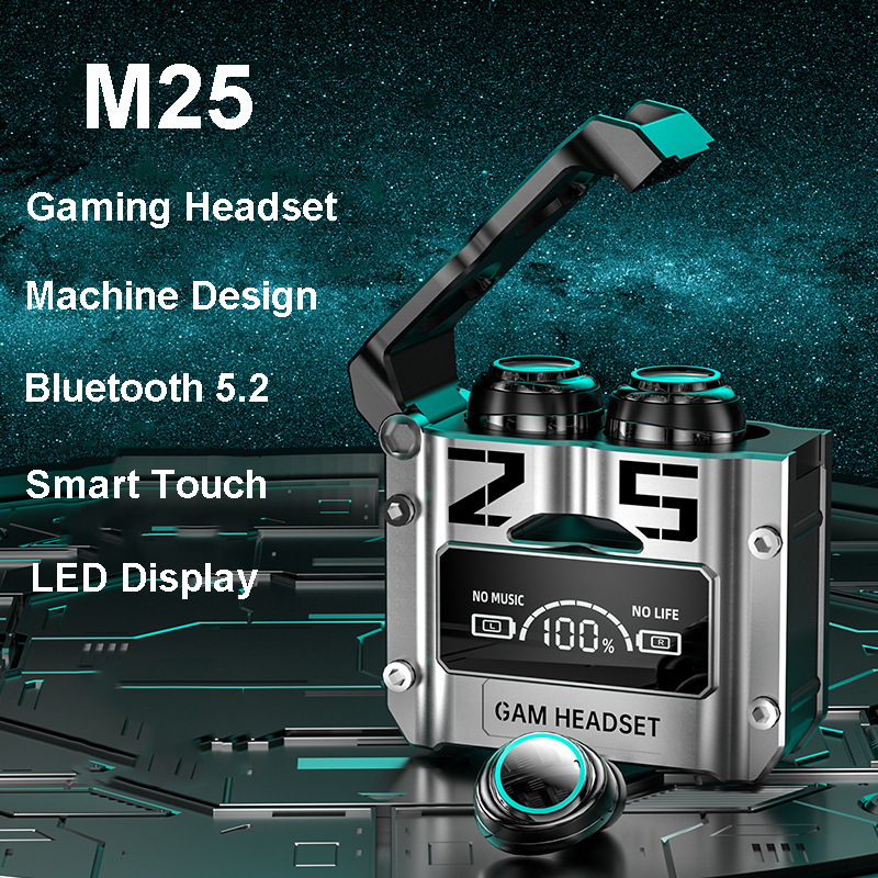 M25 Wireless Bluetooth 5.2 Magnetic Hatch Metal Mechanical Style Dual Ear Digital Display In Ear Sport Bluetooth