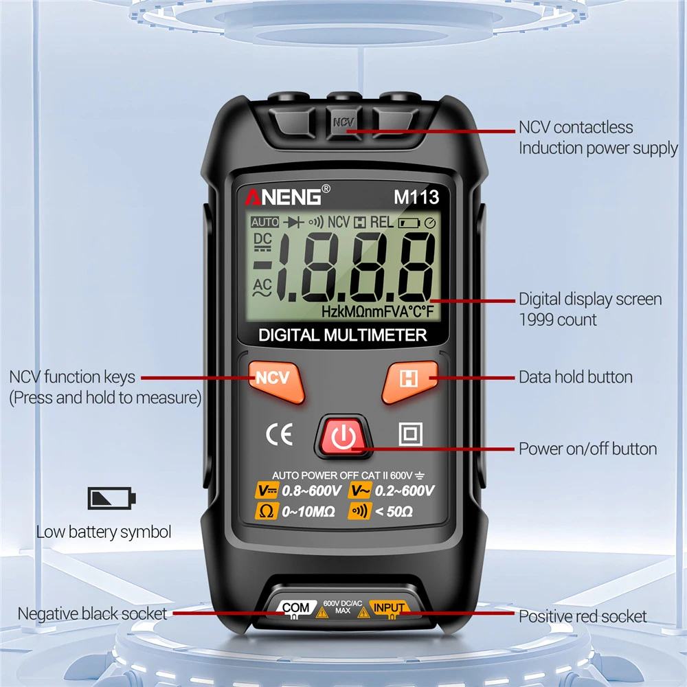 ANENG M113 Automatic Professional Digital Multimeter 1999 Counts Auto AC/DC Voltage Tester Ohm Current Ammeter Detector Tool