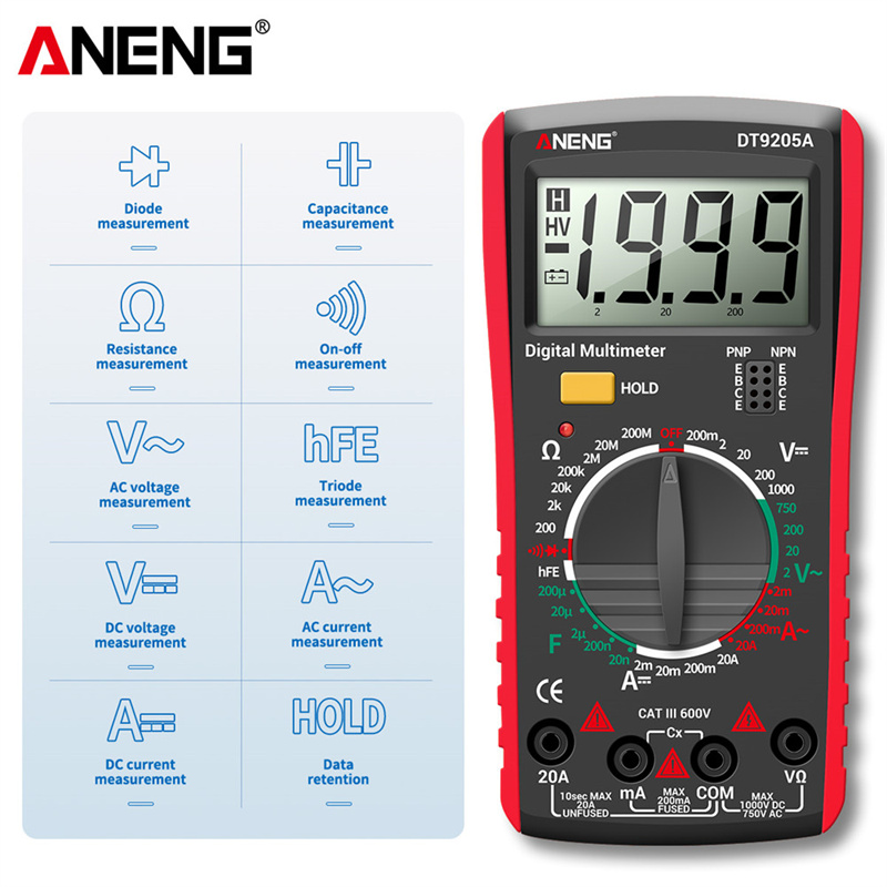 ANENG DT9205A Digital True RMS Professional Multimeter AC/DC Current Tester hFE Ohm Capacitor Voltage Meter Detector Tool