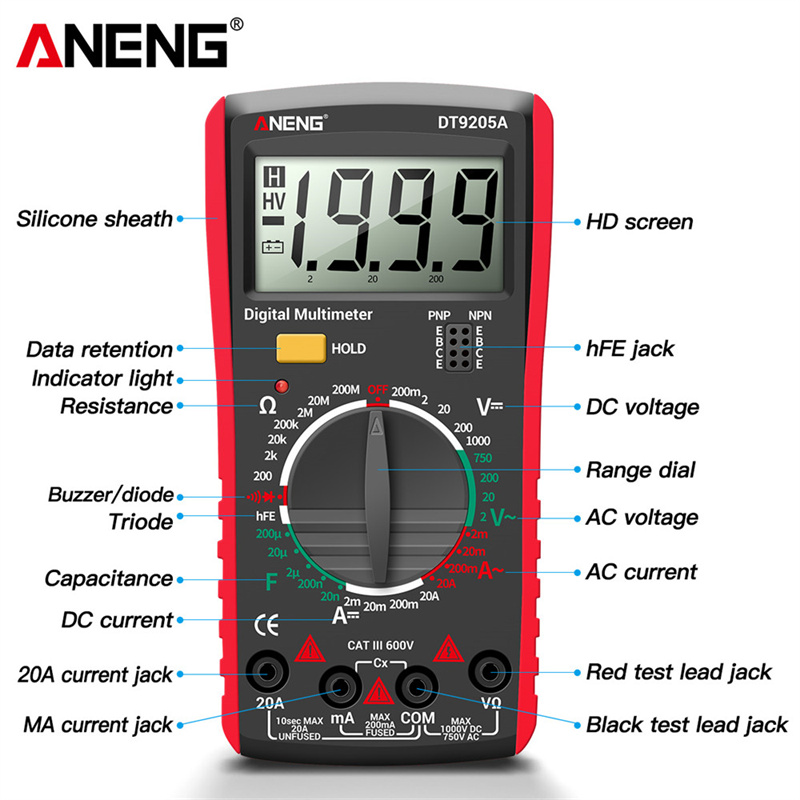 ANENG DT9205A Digital True RMS Professional Multimeter AC/DC Current Tester hFE Ohm Capacitor Voltage Meter Detector Tool