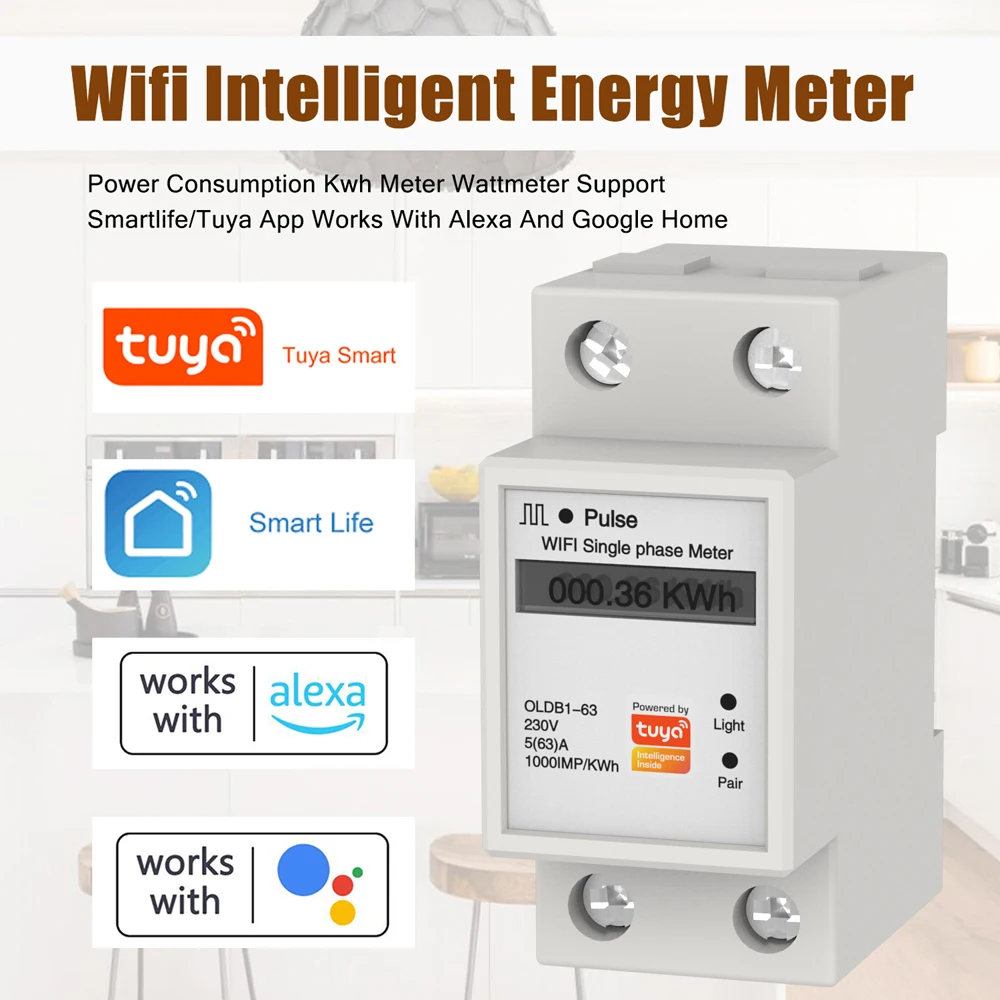 Tuya APP WIFI Smart Energy Meter AC230V 63A Singles Phase Meter Voltage Current Active Power Electricity Display Meter