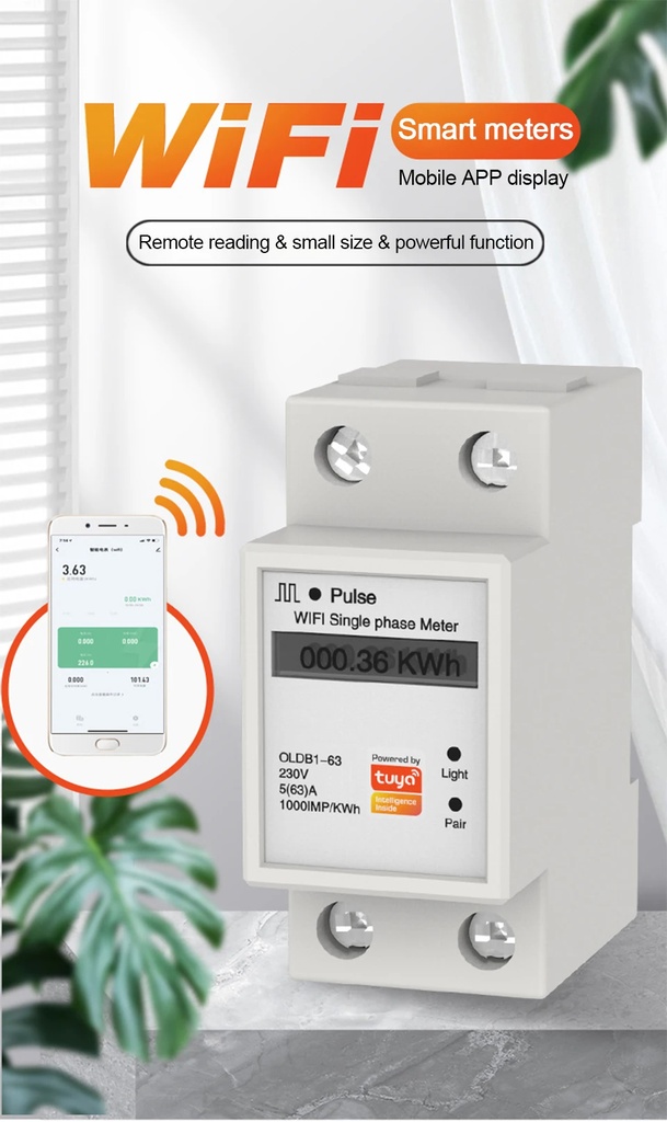 Tuya APP WIFI Smart Energy Meter AC230V 63A Singles Phase Meter Voltage Current Active Power Electricity Display Meter