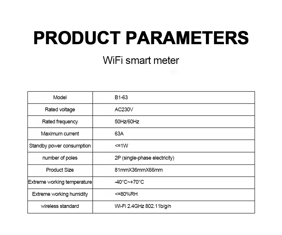 Tuya APP WIFI Smart Energy Meter AC230V 63A Singles Phase Meter Voltage Current Active Power Electricity Display Meter