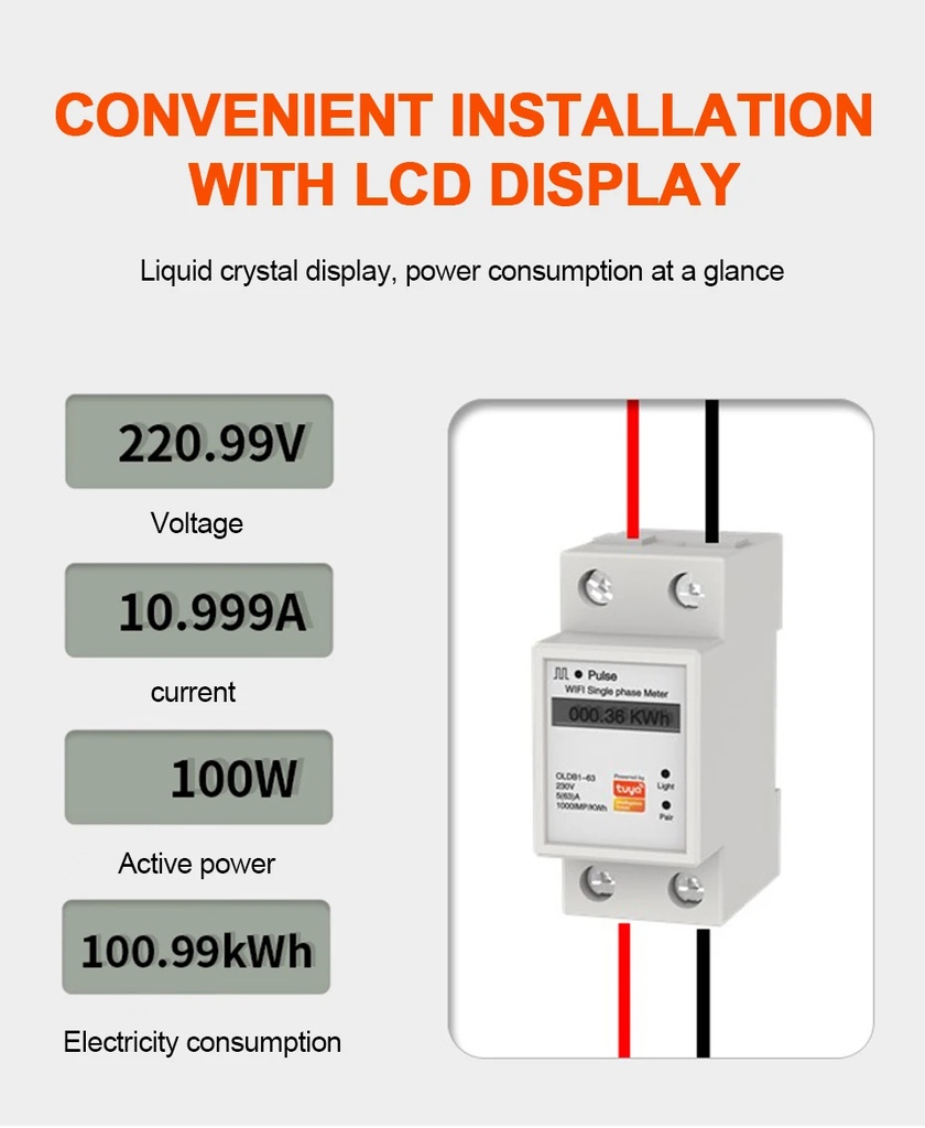 Tuya APP WIFI Smart Energy Meter AC230V 63A Singles Phase Meter Voltage Current Active Power Electricity Display Meter