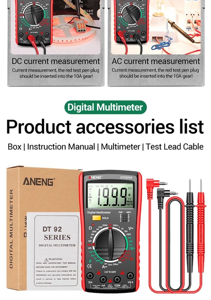 ANENG DT9205A Digital True RMS Professional Multimeter AC/DC Current Tester hFE Ohm Capacitor Voltage Meter Detector Tool