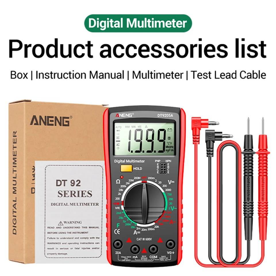 ANENG DT9205A Digital True RMS Professional Multimeter AC/DC Current Tester hFE Ohm Capacitor Voltage Meter Detector Tool