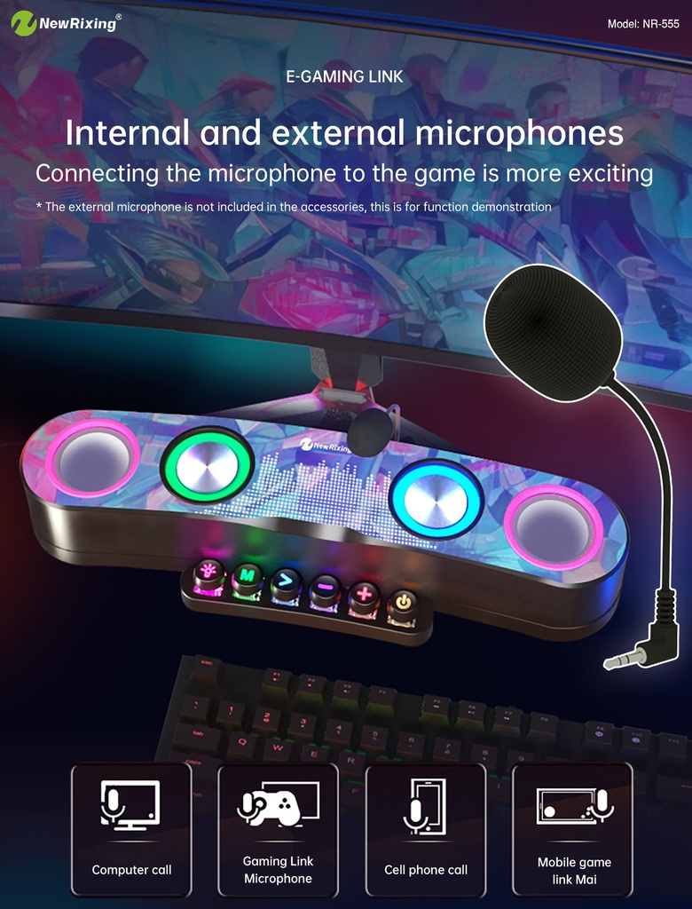 NR-555 TWS Connection Bluetooth 5.0 Wireless Speaker Colorful Lighting Computer Call Gaming Link Microphone AUX Input TF Card