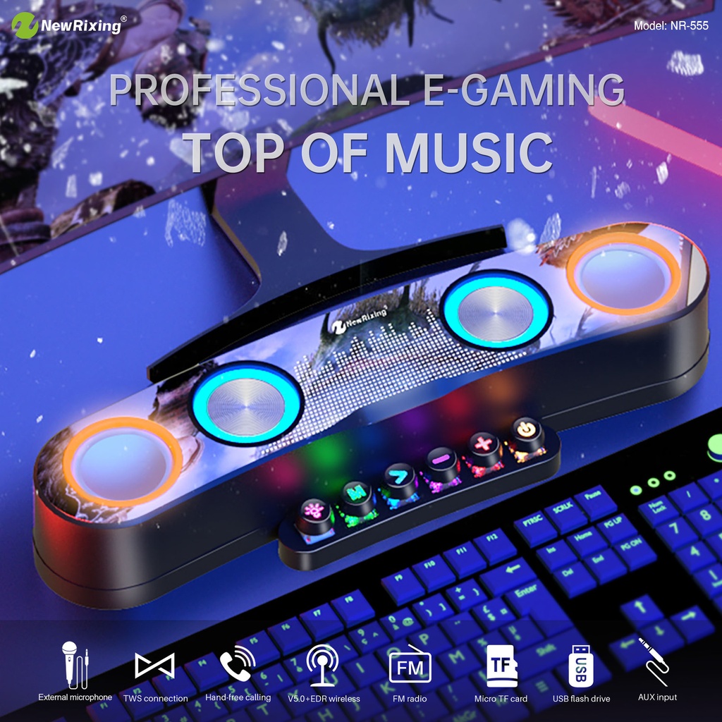 NR-555 TWS Connection Bluetooth 5.0 Wireless Speaker Colorful Lighting Computer Call Gaming Link Microphone AUX Input TF Card