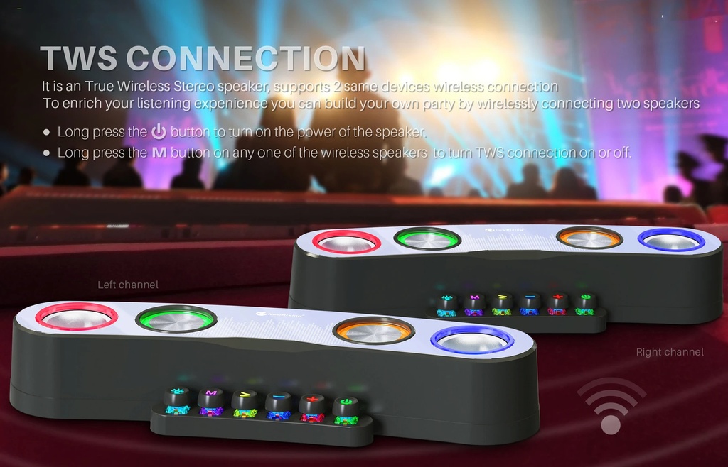 NR-555 TWS Connection Bluetooth 5.0 Wireless Speaker Colorful Lighting Computer Call Gaming Link Microphone AUX Input TF Card