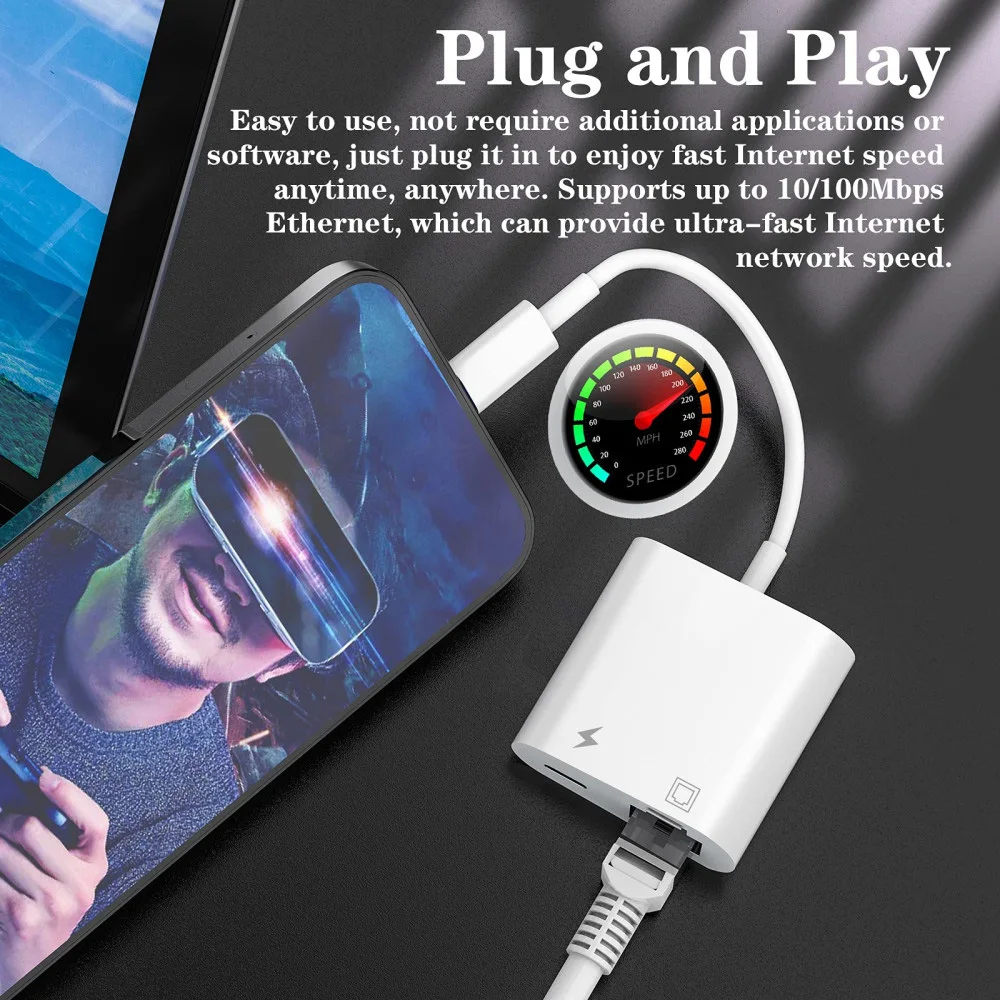 10/100Mbps Lightning to RJ45 Adapter 2 in 1 Ethernet LAN Network Adapter with Charge Port Compatible with IPhone/iPad/iPod Plug and Play