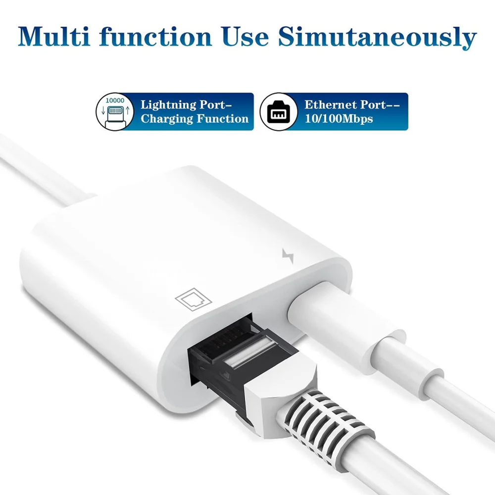 10/100Mbps Lightning to RJ45 Adapter 2 in 1 Ethernet LAN Network Adapter with Charge Port Compatible with IPhone/iPad/iPod Plug and Play