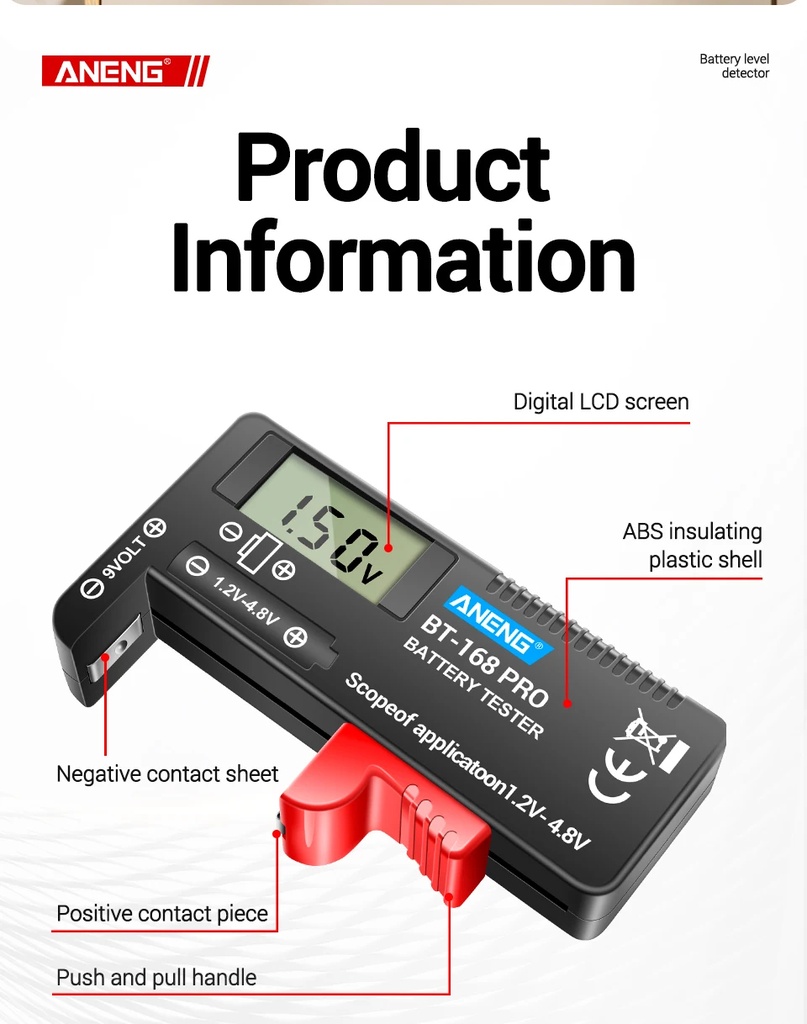 ANENG BT-168 PRO Digital Lithium Battery Capacity Tester Checkered Load Analyzer Display Check AAA AA Button Cell Universal Test