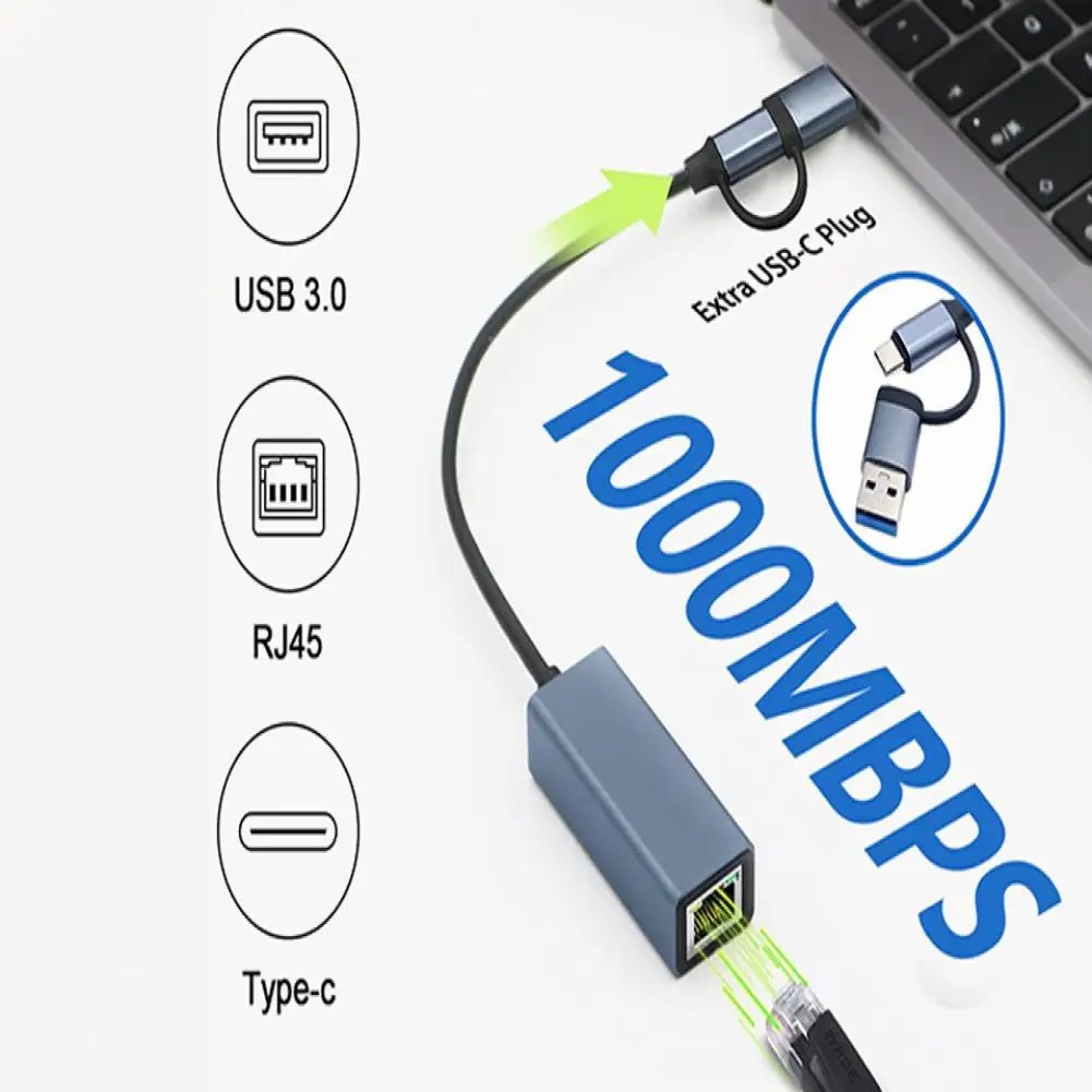 Type C gigabit 1000Mbps driver-free network card dual adapter USB3.0 to network port rj45 wired network converter