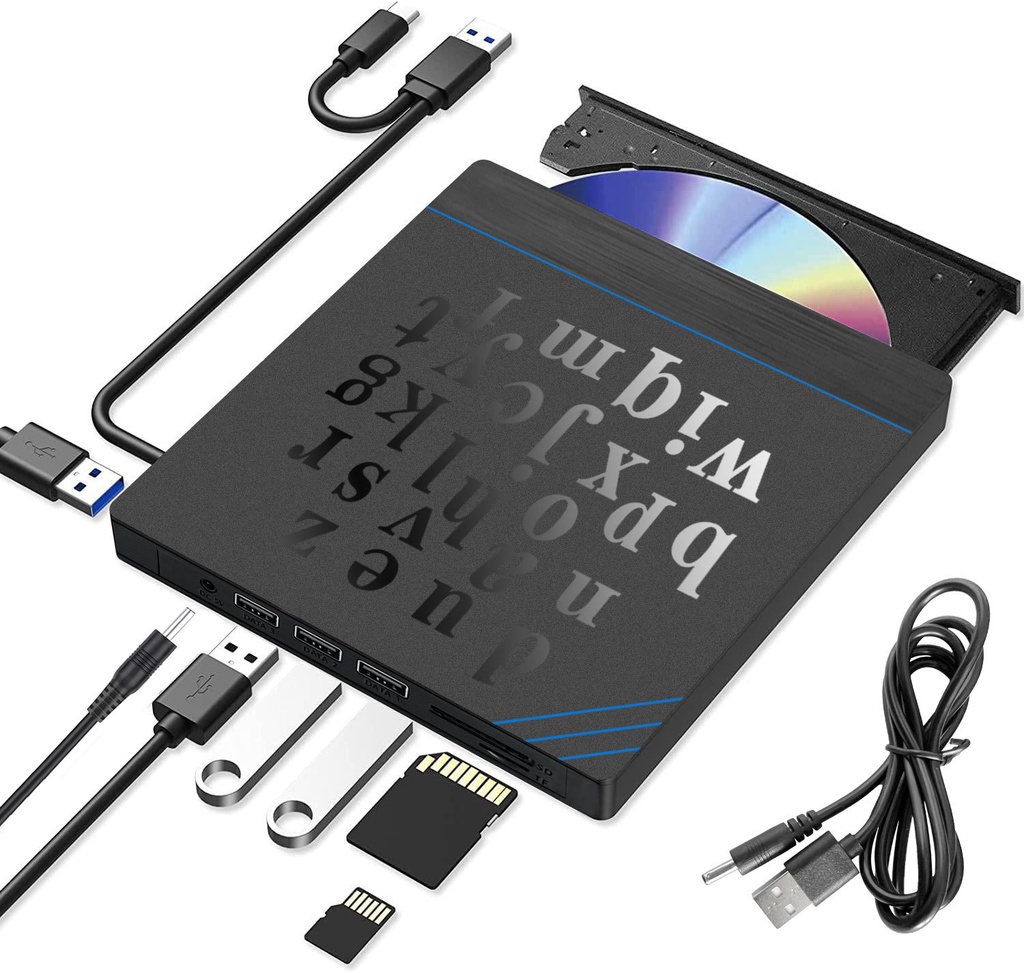 7 in 1 External CD/DVD Drive USB3.0/Type-C CD DVD RW Optical Drive DVD Burner DVD Writer Multifunction SD/TF Slots USB HUB