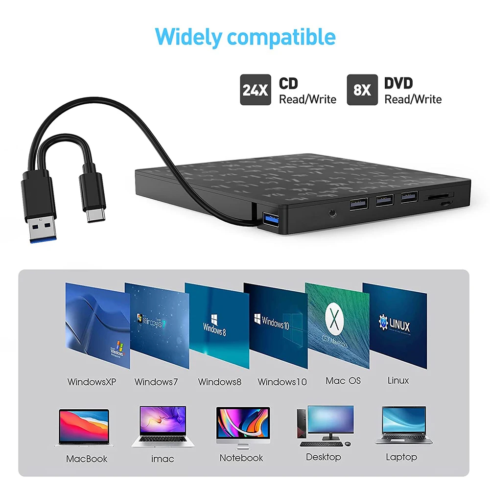 7 in 1 External CD/DVD Drive USB3.0/Type-C CD DVD RW Optical Drive DVD Burner DVD Writer Multifunction SD/TF Slots USB HUB