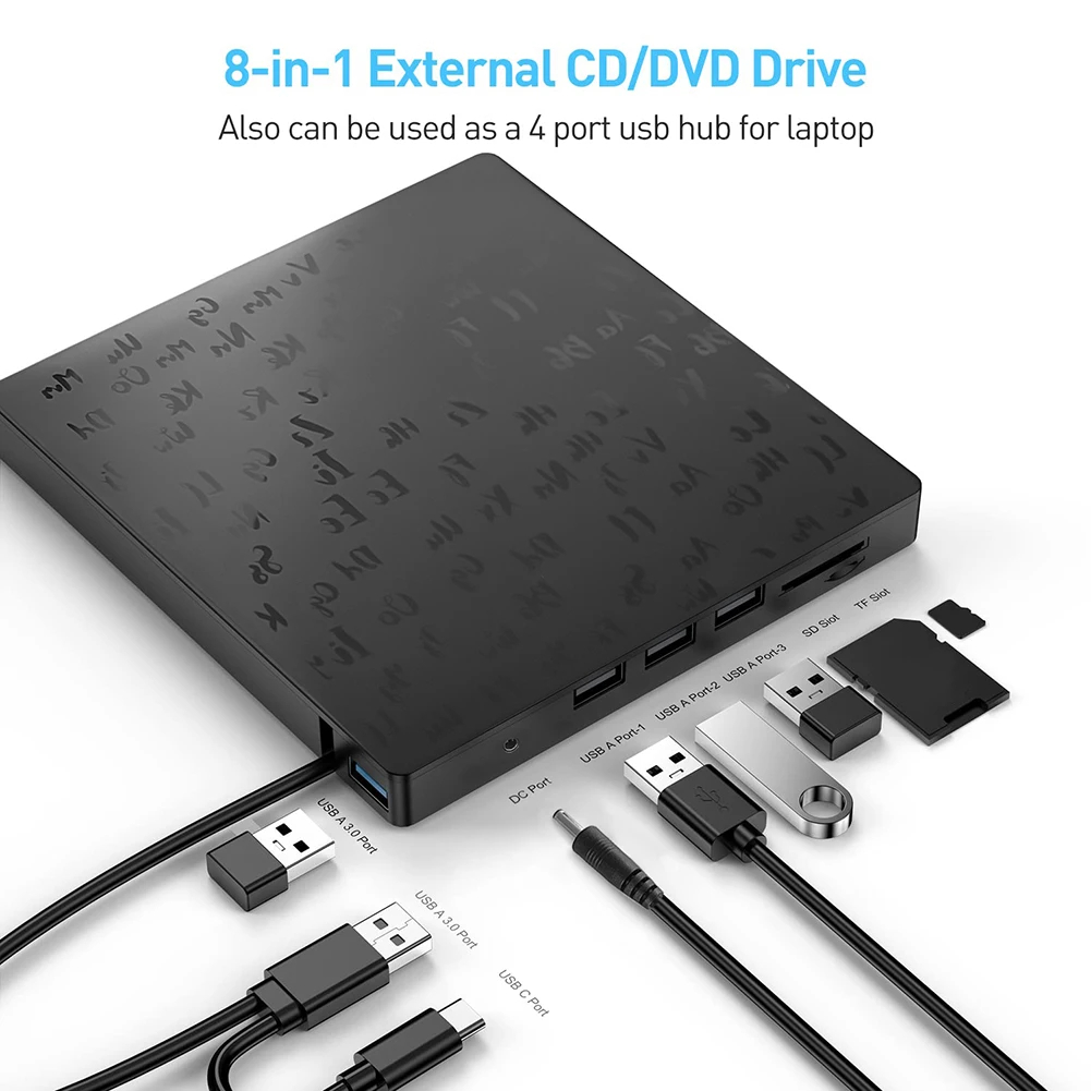 7 in 1 External CD/DVD Drive USB3.0/Type-C CD DVD RW Optical Drive DVD Burner DVD Writer Multifunction SD/TF Slots USB HUB