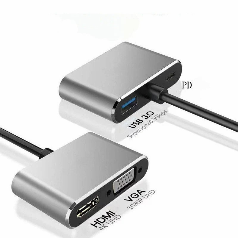 4 in 1 Type C to 4K HDMI TV HDTV +VGA+USB 3.0 Hub+60W PD OTG Charging Power Audio Video Adapter Cable