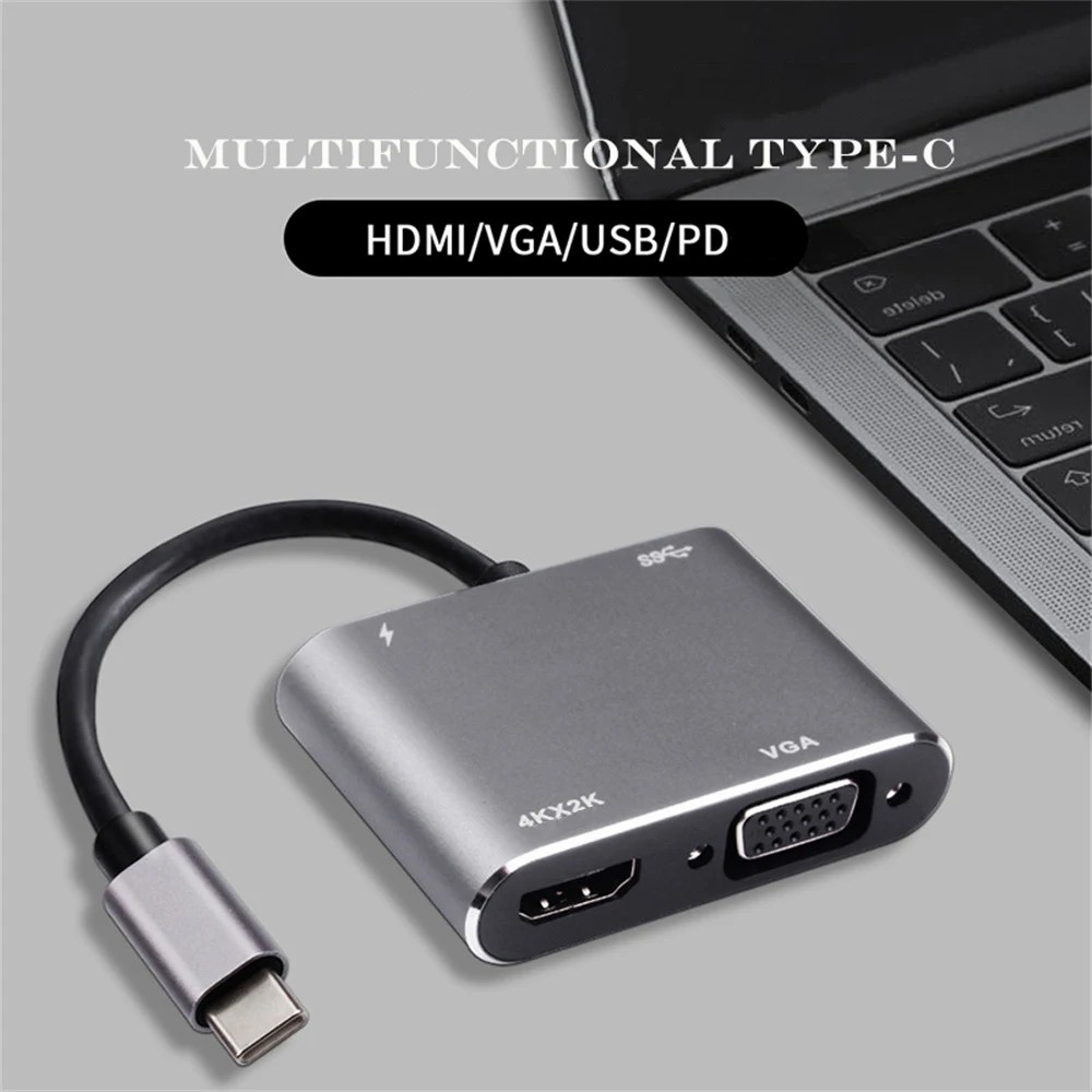 4 in 1 Type C to 4K HDMI TV HDTV +VGA+USB 3.0 Hub+60W PD OTG Charging Power Audio Video Adapter Cable