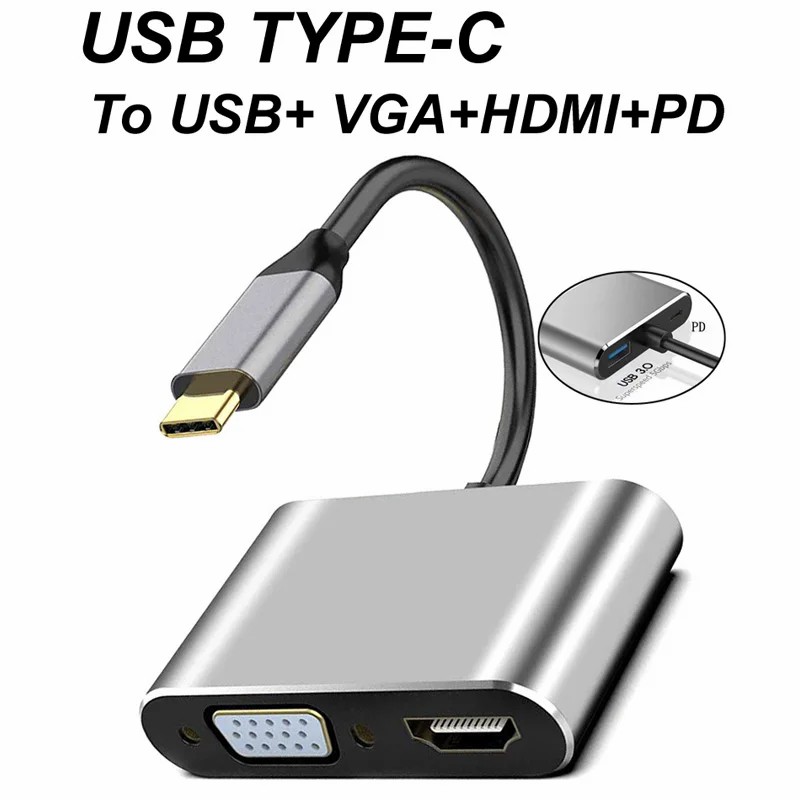 4 in 1 Type C to 4K HDMI TV HDTV +VGA+USB 3.0 Hub+60W PD OTG Charging Power Audio Video Adapter Cable