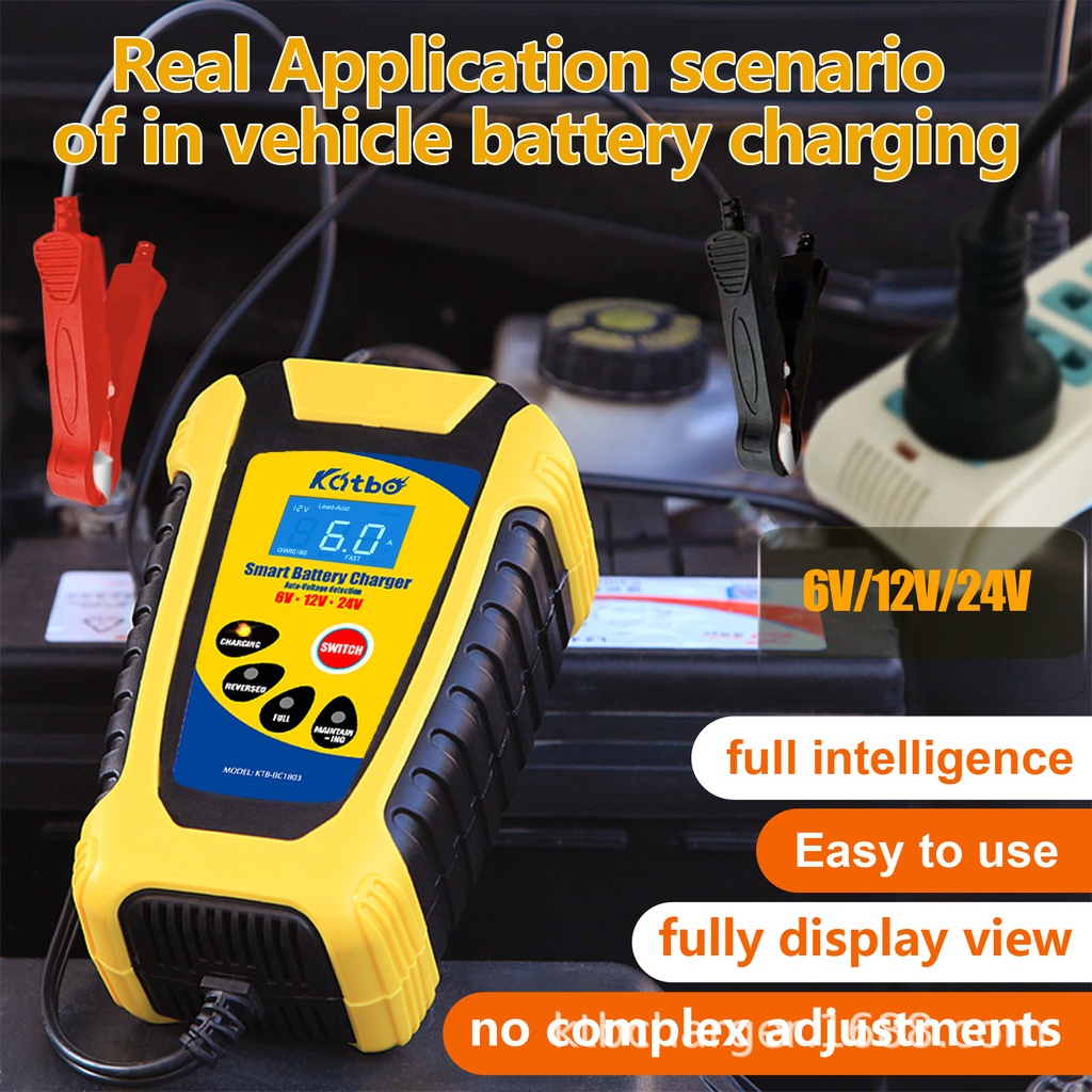 Intelligent Battery Charger 6V/12V/24V 6A Pulse Repair Lead Acid Battery-Charging For Motorcycle Car Truck Digital LCD Display Charger