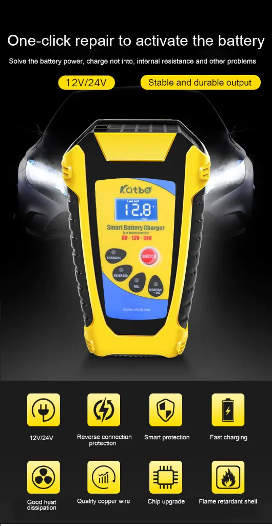 Intelligent Battery Charger 6V/12V/24V 6A Pulse Repair Lead Acid Battery-Charging For Motorcycle Car Truck Digital LCD Display Charger