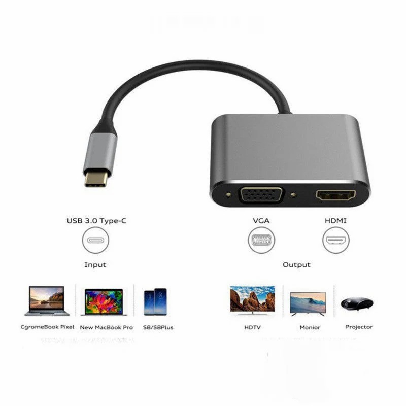4 in 1 Type C to 4K HDMI TV HDTV +VGA+USB 3.0 Hub+60W PD OTG Charging Power Audio Video Adapter Cable