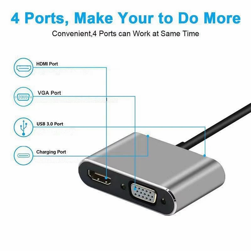 4 in 1 Type C to 4K HDMI TV HDTV +VGA+USB 3.0 Hub+60W PD OTG Charging Power Audio Video Adapter Cable