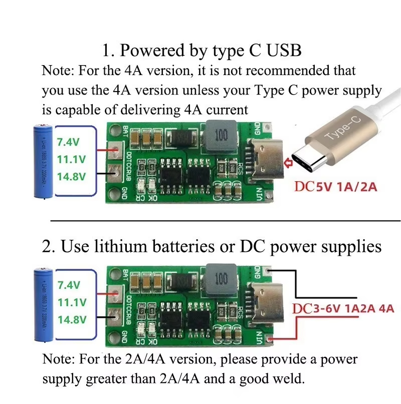 8.4V 12.6V 16.8V Type-C USB Mini Li-ion Battery Charger Board Step-Up Boost Module