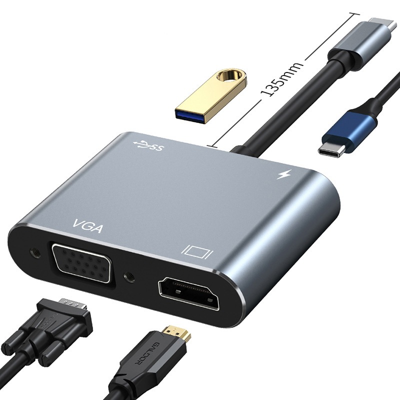 4 in 1 Type C to 4K HDMI TV HDTV +VGA+USB 3.0 Hub+60W PD OTG Charging Power Audio Video Adapter Cable