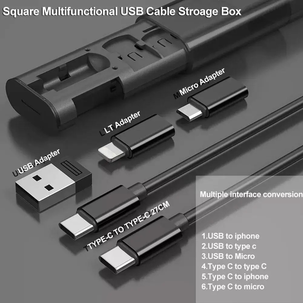 Multifunctional Data Cable Storage Box Portable USB A To Type C/8pin /Micro Phone Memory Card Pin Adapter Charging Cable Storage
