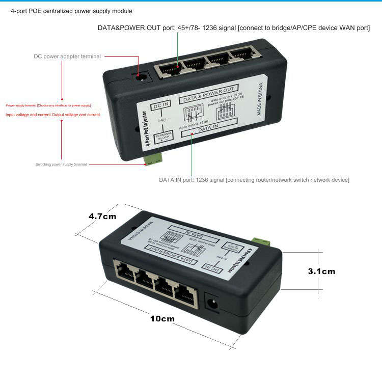 POE Injector 4 Ports POE Splitter 12V- 48V for CCTV Network POE Camera Power Supply Switch Over Ethernet IEEE802.3af