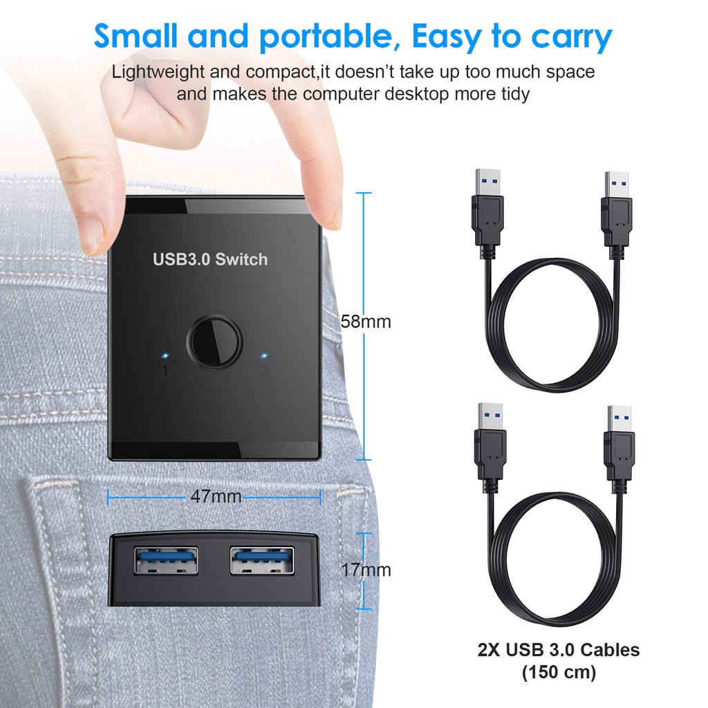 KVM USB 3.0 Bidirectional Switch Selector 2 to 1 PCs Sharing or 1 to 2 Hub for Keyboard Mouse Scanner Printer